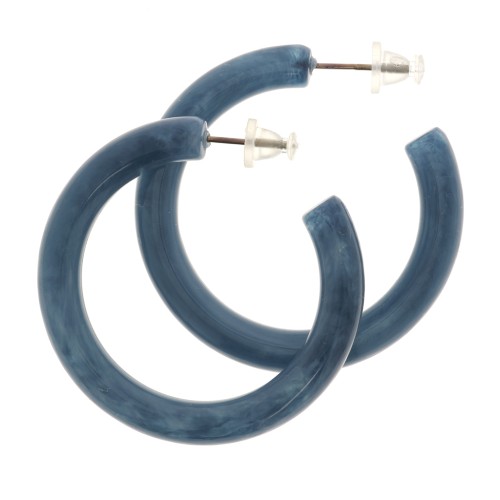 41mm Thick opaque resin round wire hoop earrings - Marbled Blue x2