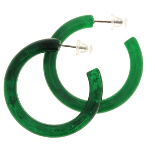 41mm Thick transparent resin round wire hoop earrings - Marbled Dark Green x2