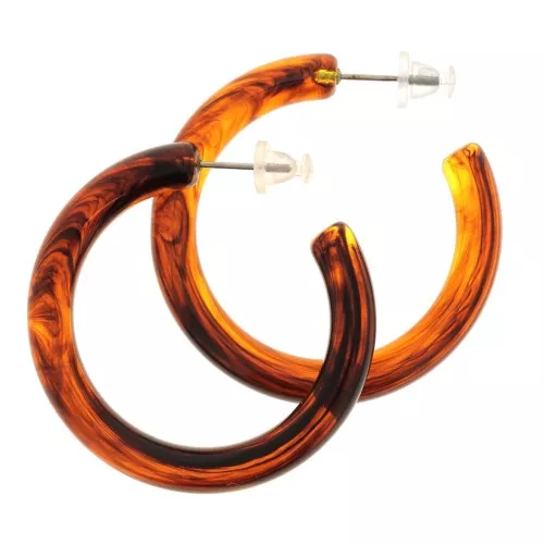 Round thick hoop earrings in translucent resin 41 mm - Marbled amber x2