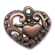 Filigreed Heart charm 18mm Old copper tone x1