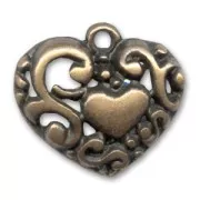 Filigreed Heart charm 18mm Bronze tone x1
