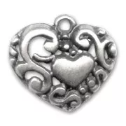 Filigreed Heart charm 18mm Old silver tone x1