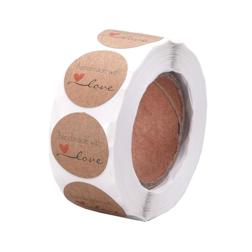 25mm Self-adhesive labels - Handmade with Love - Brown - Black - Red x500