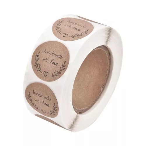 Roll of 25 mm Handmade with Love self-adhesive labels - Brown - Black x500