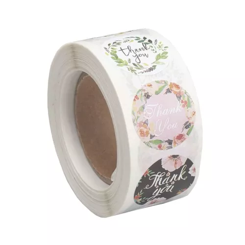 25mm Flowery self-adhesive labels - Thank you - Multicolored x500