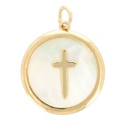 19x17mm Mother-of-pearl pendant - Cross pattern - 3 micron Gold plated x1