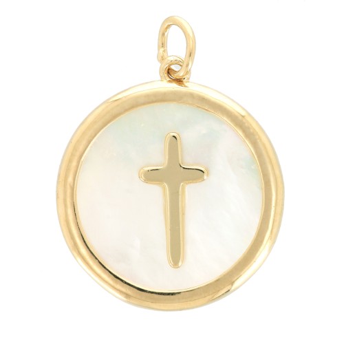 19x17mm Mother-of-pearl pendant - Cross pattern - 3 micron Gold plated x1