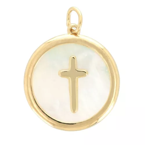 19x17mm Mother-of-pearl pendant - Cross pattern - 3 micron Gold plated x1