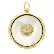 19x17mm Round mother-of-pearl pendant - worked pattern - 3 micron Gold plated x1