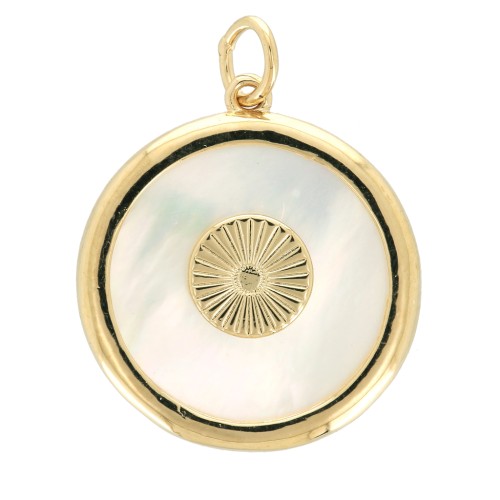19x17mm Round mother-of-pearl pendant - worked pattern - 3 micron Gold plated x1