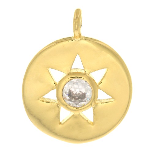13x10.5mm Round charm with hollow sun and zirconium oxide - Gold Tone - Crystal x1