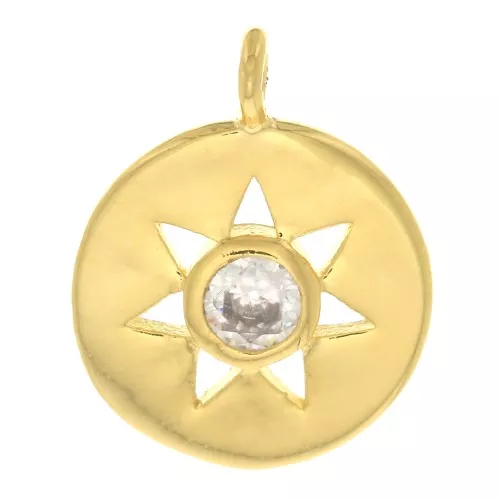 13x10.5mm Round charm with hollow sun and zirconium oxide - Gold Tone - Crystal x1