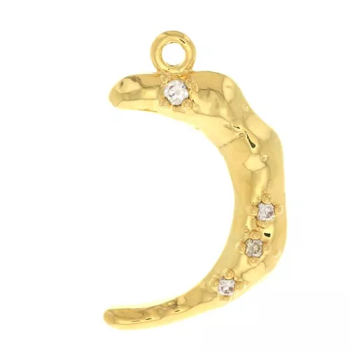 18x11mm Hammered Moon Pendant with zirconium oxide - Gold Tone - Crystal x1
