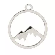 15mm 316L Stainless steel Round hollowed-out charm with mountain pattern x1