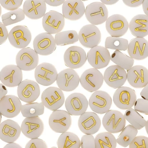 Assortment of 200 round letters alphabet beads 7mm - White - Gold Tone x1