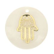 16mm round mother-of-pearl resin sequin - Hamsa hand - Gold Tone - Natural x1|raw }}