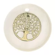16mm round mother-of-pearl resin sequin - tree of life - Gold Tone - Natural x1