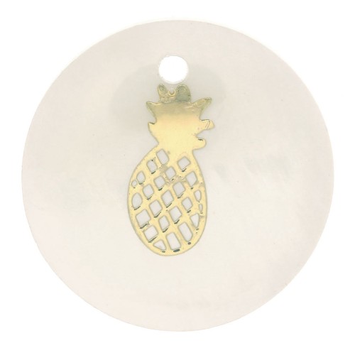 16mm round mother-of-pearl resin sequin - pineapple - Gold Tone - Natural x1