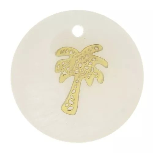 16mm round mother-of-pearl resin sequin - palm tree - Gold Tone - Natural x1