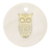 16mm round mother-of-pearl resin sequin - Owl - Gold Tone - Natural x1|raw }}