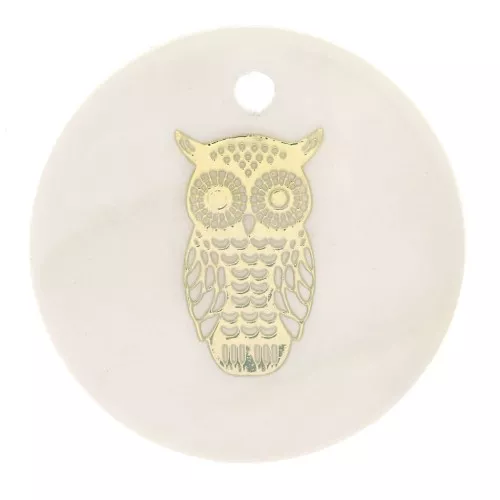 16mm round mother-of-pearl resin sequin - Owl - Gold Tone - Natural x1