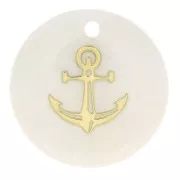 16mm round mother-of-pearl resin sequin - anchor - Gold Tone - Natural x1
