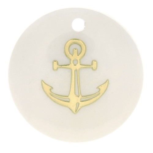 16mm round mother-of-pearl resin sequin - anchor - Gold Tone - Natural x1