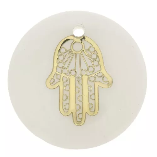 25mm Round mother-of-pearl resin pendant - Hamsa hand - Gold Tone - Natural x1