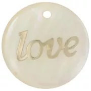 23mm Round Mother-of-Pearl Resin Pendant - Love - Gold Tone - Natural x1