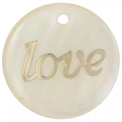 23mm Round Mother-of-Pearl Resin Pendant - Love - Gold Tone - Natural x1
