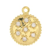 11mm Round worked charm with zirconium oxide - Fine Gold plated - Crystal x1|raw }}