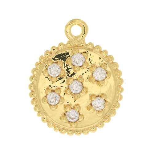 11mm Round worked charm with zirconium oxide - Fine Gold plated - Crystal x1
