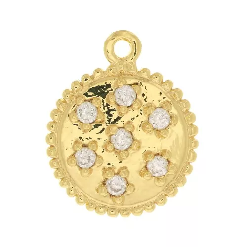 11mm Round worked charm with zirconium oxide - Fine Gold plated - Crystal x1