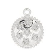 11mm Round worked charm with  zirconium oxide - Fine Silver Plated - Crystal x1|raw }}