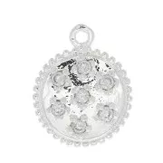 11mm Round worked charm with  zirconium oxide - Fine Silver Plated - Crystal x1