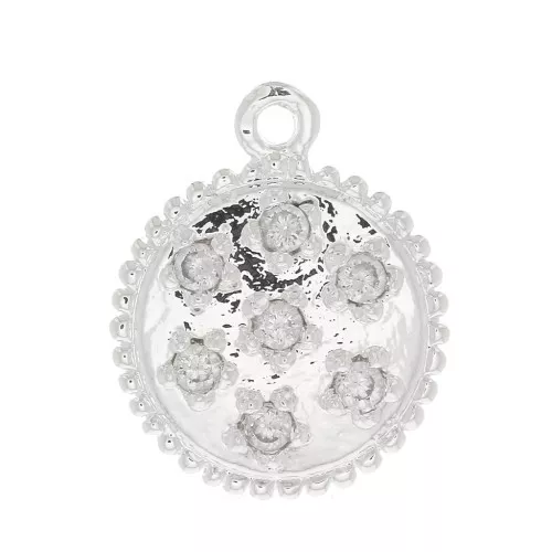 11mm Round worked charm with zirconium oxide - Fine Silver Plated - Crystal x1