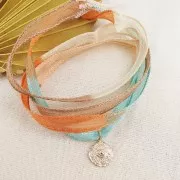 10mm Silk ribbon - Tie and dye - Light blue - Brown - Orange x85cm