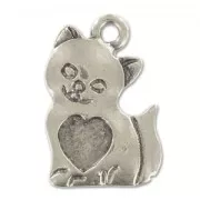 Heart Cat charm 20mm Old Silver tone x1