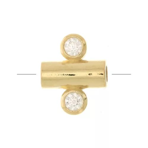 9x7mm Tube bead with 2 zirconium oxide - Crystal - 3 microns Gold plated x1