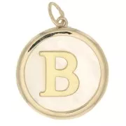 19x17mm Round mother-of-pearl pendant - Letter B - 3 microns gold plated x1