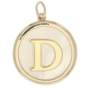 19x17mm Round mother-of-pearl pendant - Letter D - 3 microns gold plated x1