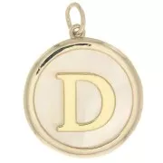 19x17mm Round mother-of-pearl pendant - Letter D - 3 microns gold plated x1