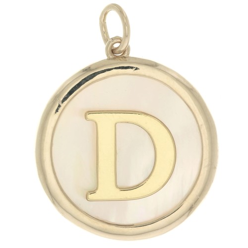 19x17mm Round mother-of-pearl pendant - Letter D - 3 microns gold plated x1