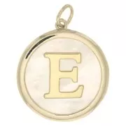 19x17mm Round mother-of-pearl pendant - Letter E - 3 microns gold plated x1