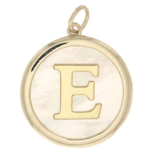 19x17mm Round mother-of-pearl pendant - Letter E - 3 microns gold plated x1