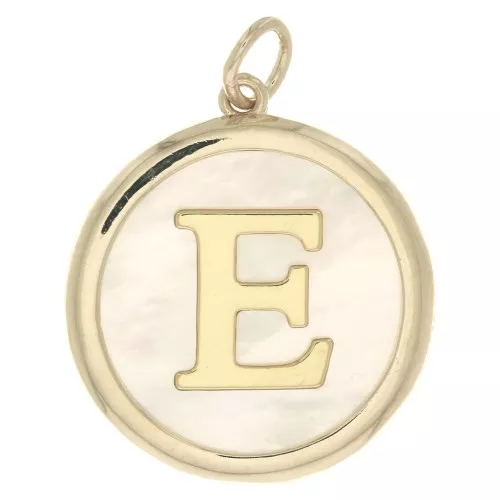 19x17mm Round mother-of-pearl pendant - Letter E - 3 microns gold plated x1