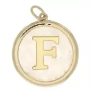 19x17mm Round mother-of-pearl pendant - Letter F - 3 microns gold plated x1