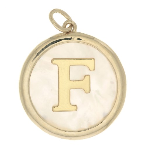 19x17mm Round mother-of-pearl pendant - Letter F - 3 microns gold plated x1