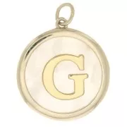 19x17mm Round mother-of-pearl pendant - Letter G - 3 microns gold plated x1