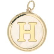 19x17mm Round mother-of-pearl pendant - Letter H - 3 microns gold plated x1|raw }}